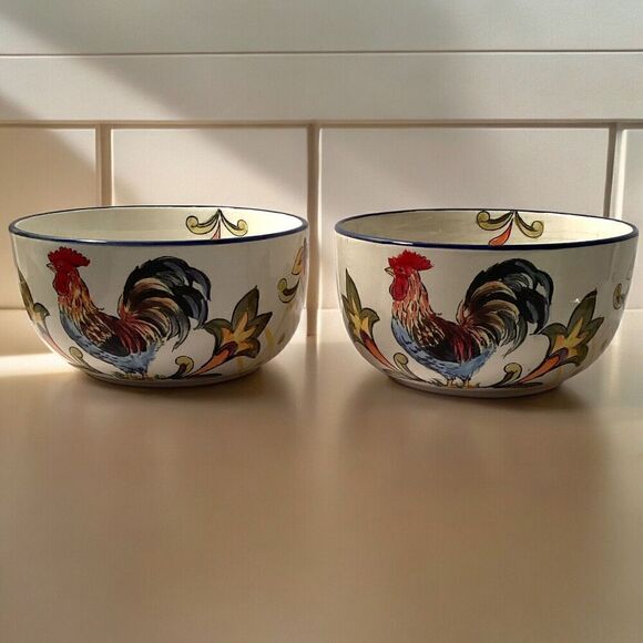 Vintage Maxcera Green Falavera Rooster Bowls Italian Retro Set Of 2 - Picture 1 of 8